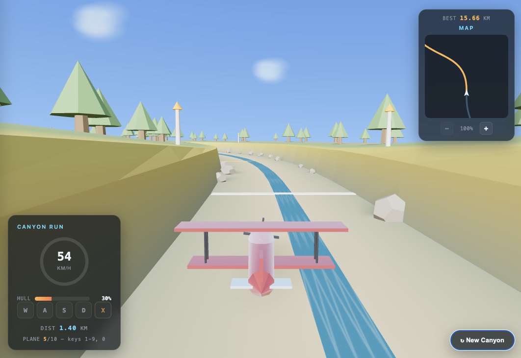 Canyon Flyer — fly through a valley with an airplane